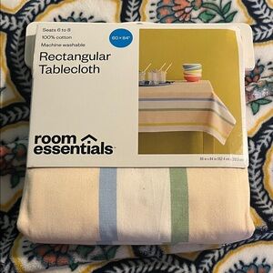 Room Essentials Cream Tablecloth with Blue and Green Stripes